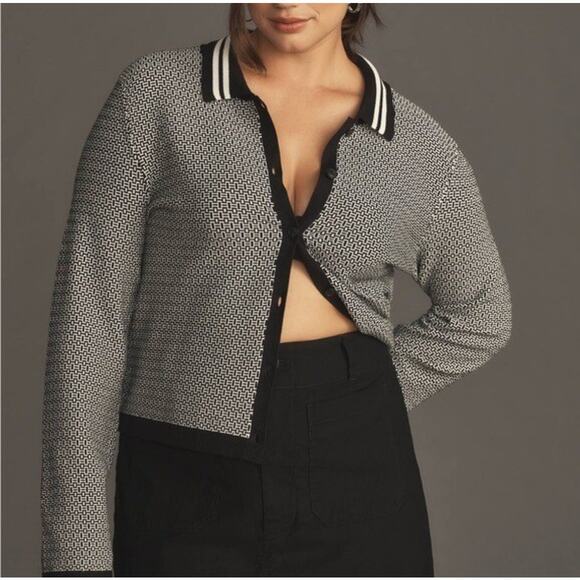 Maeve Black & White Geometric Print Long Sleeve Collared Cardigan - Picture 1 of 7